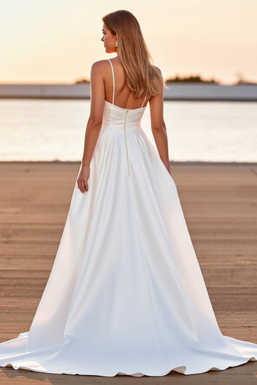 Satin White A Line High-Low Wedding Dress